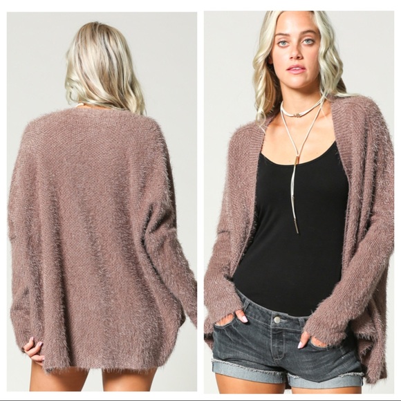 Mocha Fuzzy Open Front Cardigan Sweater - Picture 4 of 4